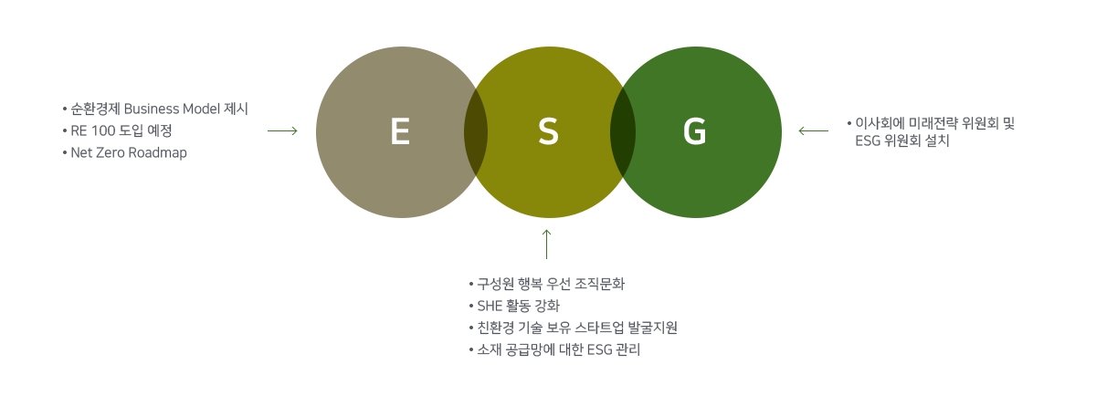 왼쪽(E) -순환경제 Business Model 제시 -RE 100 도입 예정	-Net Zero Roadmap, 가운데(S) -구성원 행복 우선 조직문화 -SHE 활동 강화 -친환경 기술 보유 스타트업 발굴지원 -소재 공급망에 대한 ESG 관리, 오른쪽(G) -이사회에 미래전략 위원회 및 ESG 위원회 설치